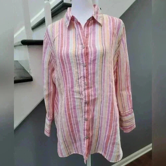 CHICO'S 100% Linen No Iron Pink Striped Button Up Blouse, Sz 10 - Picture 1 of 5
